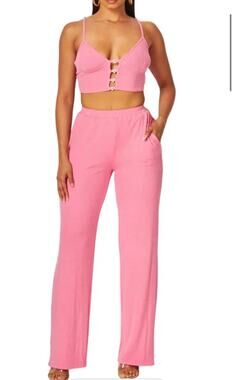 Hot & delicious Julia Heart Rib knit 2 piece pant set pink lined NWT Small